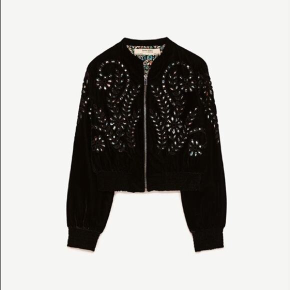 ZARA Velvet Eyelet Cut Out Bomber Jacket Size Small - Picture 3 of 9